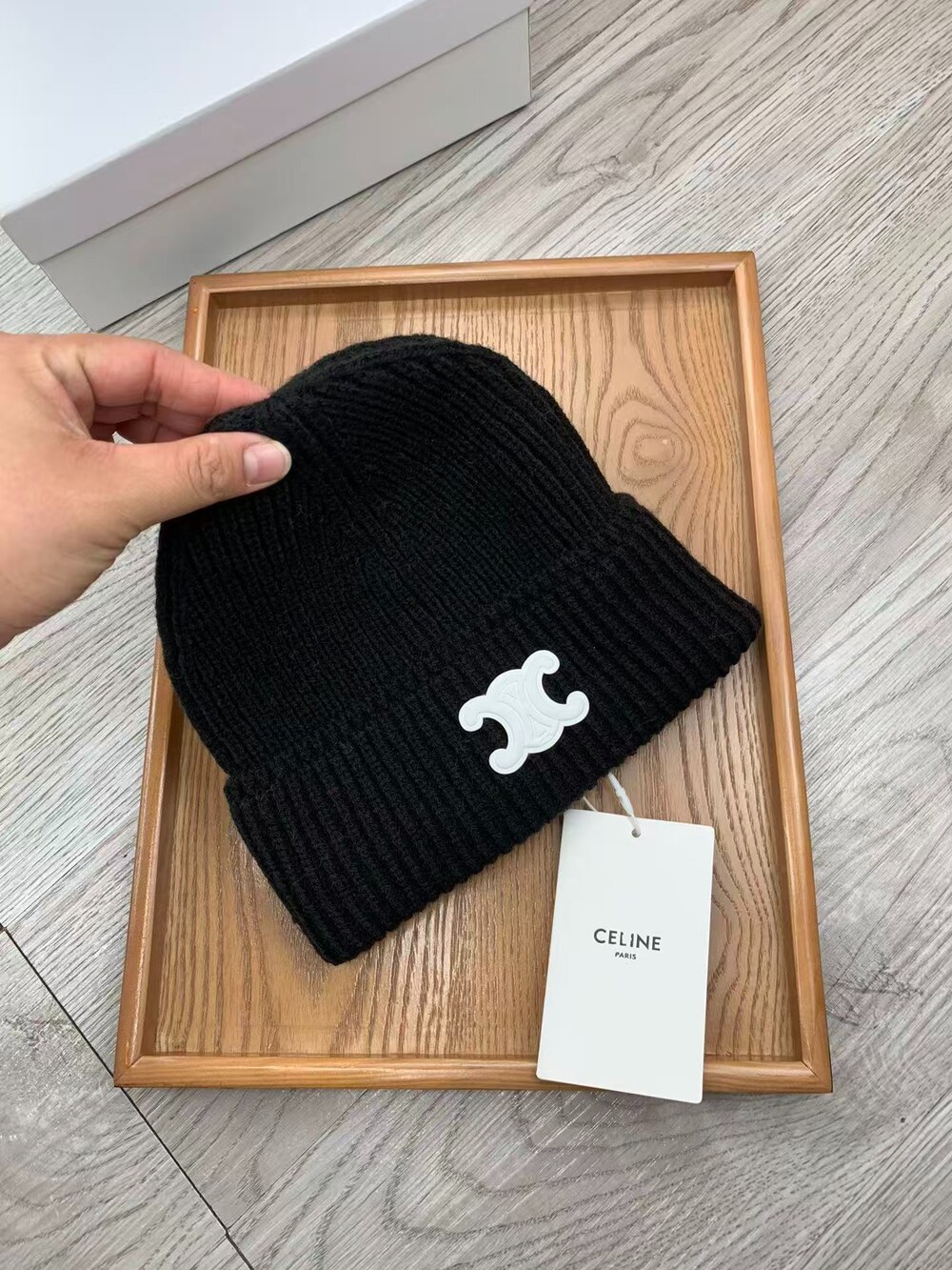 Celine Triomphe Ribbed Knit Beanie in Black